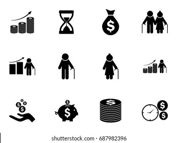 Set of pension funds icons. Retirement savings. Vector pictograms