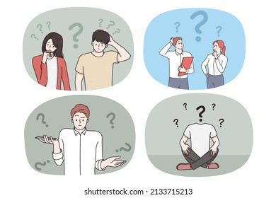 Set of pensive diverse people with question marks think over problem solution. Collection of men and women brainstorm feel confused frustrated with trouble solving. Flat vector illustration. 