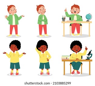 Set of pensive thinking kids cartoon characters. School boys thinking and searching for decision, flat vector illustration isolated on white background.