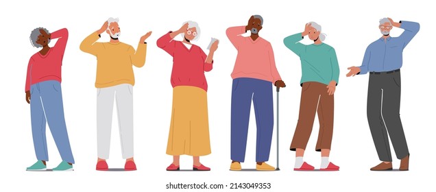 Set of Pensive Worried Old People. Senior Characters Thinking, Forgetful Elderly People with Alzheimer Disease. Confused Grandfather, Grandmother Forget or Trying Remember. Cartoon Vector Illustration