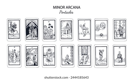 Set of Pentacles, in occult tarot cards deck. Minor arcanas designs set with Ace, Knight, King, Queen, Page of Pentacles signs and symbols in modern style. Isolated han drawn  vector illustrations