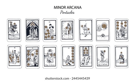 Set of Pentacles, in occult tarot cards deck. Minor arcanas designs set with Ace, Knight, King, Queen, Page of Pentacles signs and symbols in modern style. Isolated han drawn  vector illustrations