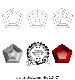 Set of pentagon cut jewel views isolated on white background - top view, bottom view, realistic ruby, realistic diamond and badge. Can be used as part of logo, icon, web decor or other design.