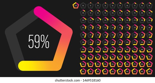 Set of pentagon percentage diagrams (meters) from 0 to 100 ready-to-use for web design, user interface (UI) or infographic - indicator with gradient from magenta (hot pink) to yellow