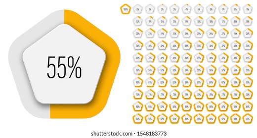 Set of pentagon percentage diagrams meters from 0 to 100 ready-to-use for web design, user interface UI or infographic - indicator with yellow