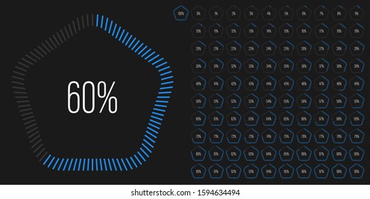 Set of pentagon percentage diagrams meters from 0 to 100 ready-to-use for web design, user interface UI or infographic - indicator with blue