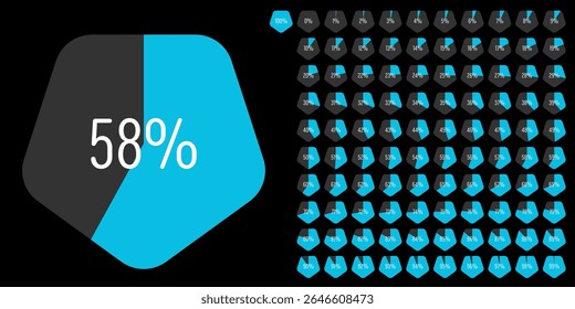 Conjunto de diagramas de porcentagem de pentágono medidores de 0 a 100 prontos para uso para web design, interface do usuário UI ou infográfico - indicador com azul