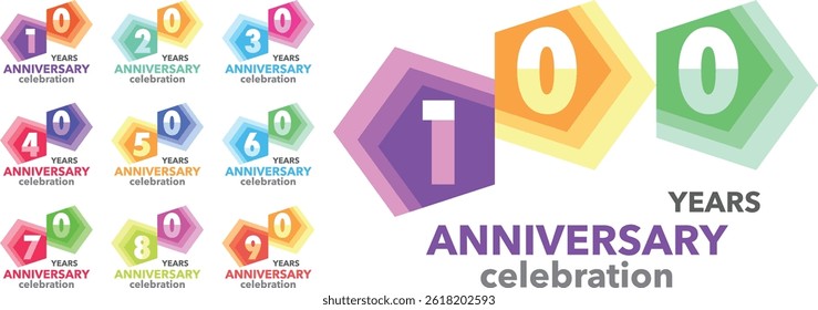set of pentagon shape various color number 10 20 30 40 50 60 70 80 90 and 100 with words YEARS ANNIVERSARY celebration gray color at the bottom.