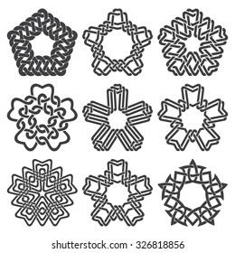 Set of pentagonal frames. Nine decorative elements for logo design with stripes braiding borders. Black lines on white background.