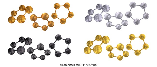 Set of pentagonal molecular lattice different angles. Gold, silver, copper, black colors. Vector 3d illustration isolated on white background.