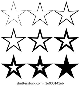 Set pentagonal stars with different stroke thickness, vector logo icon thin and thick star, symbol of radiance, new birth and light