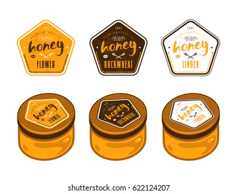 Set of pentagonal templates labels for flower honey, linden honey and buckwheat honey. Presentation on the jar