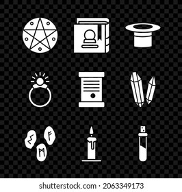 Set Pentagram in a circle, Ancient magic book, Magician hat, runes, Burning candle candlestick, Bottle with love potion, stone ring gem and Decree, paper, parchment, scroll icon. Vector