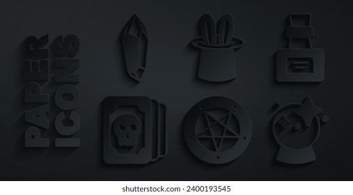 Pentagram en círculo, Botella con poción, Tarot, Magic ball, Magician hat y orejas de conejo y icono de piedra. Vector