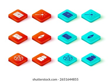 Set Pentagram in a circle, Bottle with potion, Ancient magic book, Wizard warlock, Magic wand and Antique treasure chest icon. Vector