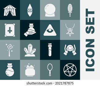 Set Pentagram in a circle, Magic ball on hand, necklace, Bottle with potion, Ancient magic book, Circus tent and Masons icon. Vector