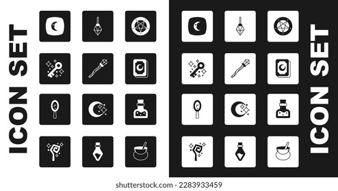 Set Pentagram in a circle, Magic staff, Old magic key, Moon and stars, Tarot cards, stone, Bottle with potion and hand mirror icon. Vector