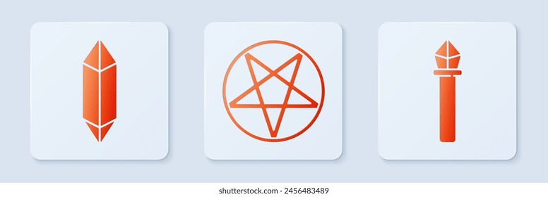 Set Pentagram in a circle, Magic stone and Magic staff. White square button. Vector
