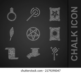 Set Pentagram in a circle, Magician hat hand, staff, Ancient magic book, feather,  and stone ring with gem icon. Vector
