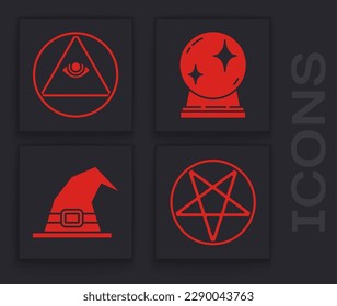 Set Pentagram in a circle, Masons, Magic ball and Witch hat icon. Vector
