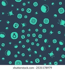 Set Pentagram in a circle, Moon, Mars and Witch cauldron on seamless pattern. Vector