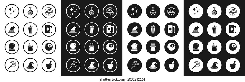 Set Pentagram in a circle, Popcorn box, Witch hat, Sparkle stars with magical glitter, Playing cards, Unicycle one wheel bicycle, Magic ball of predictions and  icon. Vector