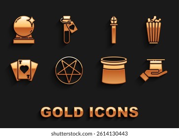 Set Pentagram in a circle, Popcorn box, Magician hat hand, Playing cards, staff, ball and Bottle with love potion icon. Vector