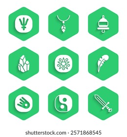 Set Pentagram in a circle, Yin Yang, Medieval sword, Feather pen, Comet falling down fast, Magic stone, Ringing alarm bell and Neptune planet icon. Vector