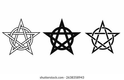 Set of pentagram knot symbols in Celtic style, including outline, solid, and line-art versions. Ideal for pagan, tattoo, esoteric, and decorative design use.