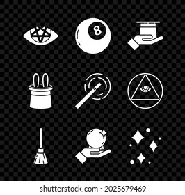 Pentagram, bola mágica de predicciones, sombrero mago en la mano, escoba de brujas, estrellas de espuma con brillo mágico, orejas de conejo e ícono de varita. Vector