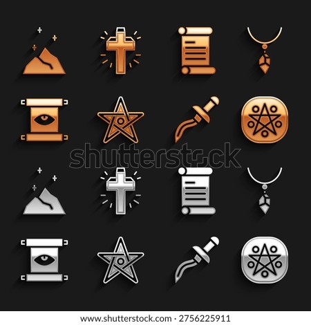 Set Pentagram, Necklace with crystal, in circle, Dagger, Ancient magic scroll, Decree, parchment,, Magic powder and Christian cross icon. Vector