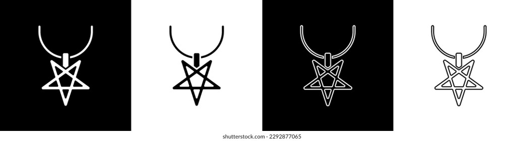 Set Pentagram on necklace icon isolated on black and white background. Magic occult star symbol.  Vector