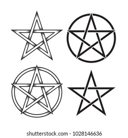 Set of pentagram or pentalpha or pentangle. Hand drawn dot work ancient pagan symbol of five-pointed star isolated vector illustration. Black work, flash tattoo or print design.