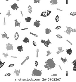 Set Pentagram, Witch cauldron, Magician hat in hand and Magic staff on seamless pattern. Vector