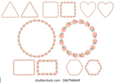 Set of peony bud wreath for celebration design. Isolated vector frame template. Wedding invite graphic element. Six shapes include