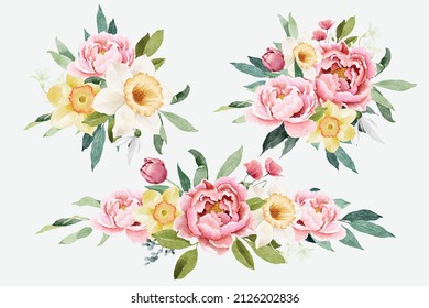 Set of Peony and Spring Flowers Bouquets