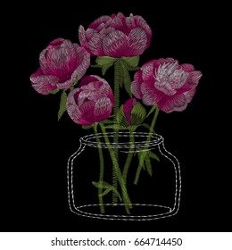 Set of Peony. Traditional folk stylish stylish floral embroidery on the black background. Sketch for printing on clothing, fabric, masks, accessories and design. Trend vector