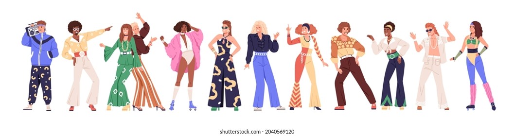 Set of people from 80s. Man and woman dance disco in retro-styled fashion outfits of 1980s. Stylish characters in party clothes of eighties. Flat vector illustration isolated on white background
