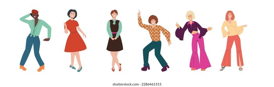 Grupo de personas de los 80. El hombre y la mujer bailan en la discoteca con trajes de moda retro de los años 80. Personajes elegantes con ropa de fiesta de los ochenta. Ilustración vectorial plana aislada en fondo blanco