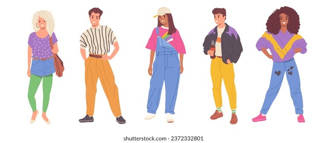 Set of people from 90s, young man and woman wearing retro-styled fashion outfits standing on white