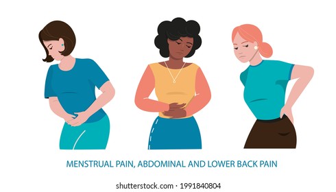 A set of people with abdominal and lower back pain. Menstrual pain, abdominal pain, and lower back pain. Girls of different nationalities. A clip art for your design on a white background.