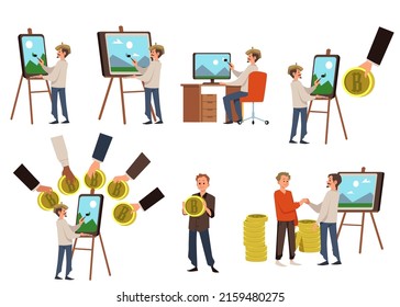 Set of people about NFT arts flat style, vector illustration isolated on white background. Buying and selling, artists and coins. Cryptocurrency, auction, non-fungible token