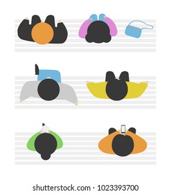 Set of people from above, top view. Simple style. Flat design vector illustration. Staying and walking different men and women in the park, sitting on the bench.