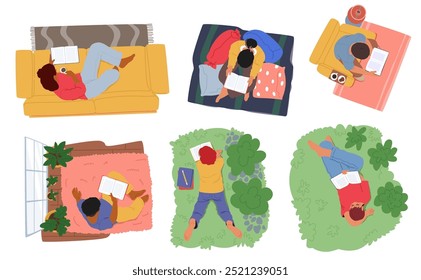 Set of People Absorbed In Reading Books In Different Cozy Environments. Each Vector Image Shows Moments Of Relaxation And Enjoyment With Literature, Reflects Personal Comfort And Engagement With Books