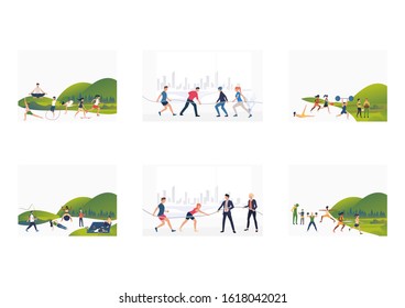 Set of people actively training and resting outdoor. Flat vector illustrations of people training, competing in tug-of-war. Sport and recreation concept for banner, website design or landing web page