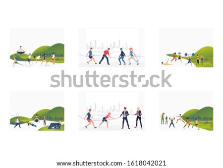 Set of people actively training and resting outdoor. Flat vector illustrations of people training, competing in tug-of-war. Sport and recreation concept for banner, website design or landing web page