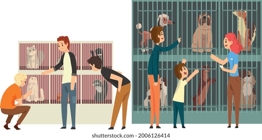 Set of People Adopting Pets from Animal Shelter, People Helping Homeless Animals Vector Illustration