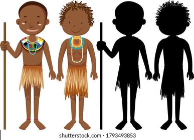 Set of people of African tribes character with its silhouette illustration