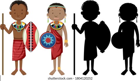 Set of people of African tribes character with its silhouette illustration