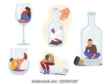 Set of People with Alcohol Addiction. Concept with Male and Female Characters Sitting on Wineglass or Bottle Bottom. Persons with Pernicious Habits and Substance Abuse. Cartoon Vector Illustration